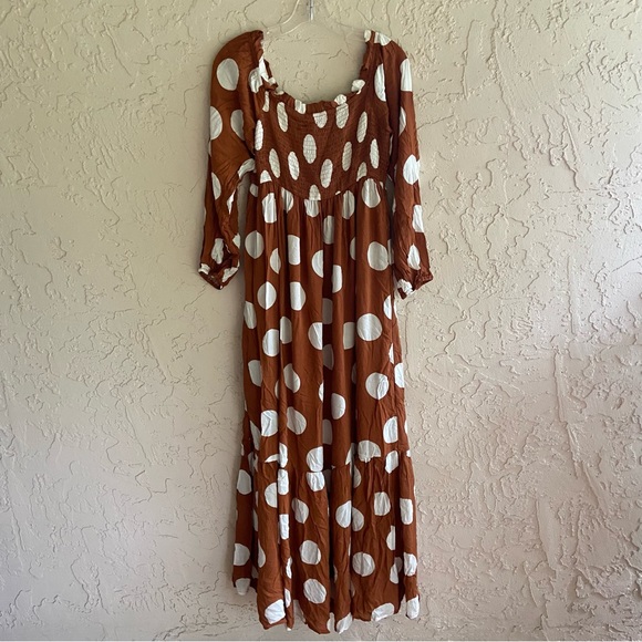 CAITLIN COVINGTON X PINK LILY BLUFF WALK BROWN POLKA DOT OFF THE SHOULDER DRESS - Picture 7 of 15